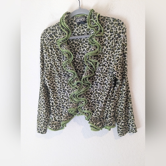The Collective Works Of Berek Neon Green Leopard Print Ruffle Cardigan Retro Y2K - Picture 3 of 10